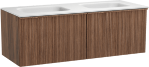 Balmani Forma meuble salle de bains suspendu 135 x 55 cm noyer américain avec Tablo Arcato double vasque en solid surface blanc mat, Nervure circulaire asymétrique verticale