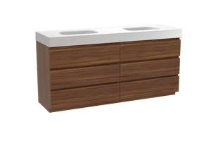 Balmani Lucida freistehendes Möbelstück Set: 180 x 55 cm, Amerikanischer Nussbaum, mit Arcato Doppelwaschtisch, Solid Surface Weiß matt