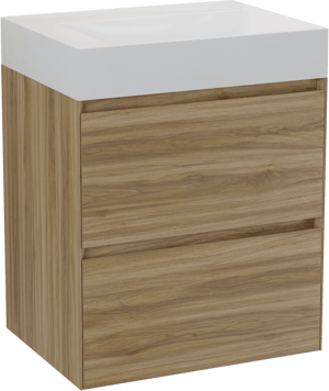 Balmani Mitra Compact zwevend badkamermeubel 60 x 46 cm wilde eik met Argila asymmetrisch rechtse wastafel in composietmarmer glanzend wit