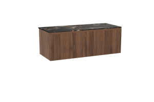 Balmani Fila zwevend badkamermeubel 135 x 55 cm notelaar met Stretto enkel of dubbel tablet in marmer portoro gold, Verticale symmetrische rechte ribbel