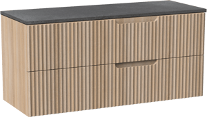 Linie Ribbo zwevend badmeubel 120 x 46 cm licht eiken met Lado enkel of dubbel wastafelblad in melamine grijze leisteen, Verticale symmetrische ronde ribbel