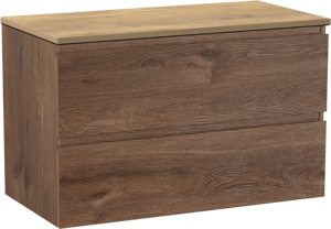 Linie Lado hängendes Möbelstück Set: 90 x 46 cm, Braune Eiche, mit Lado Einzel Waschtischplatte, Melamin Naturbelassene Eiche