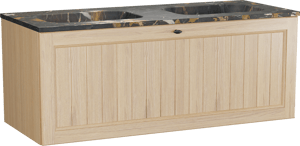Balmani Lemon zwevend badkamermeubel 135 x 55 cm, fineer natuur eik met Tablo Arcato dubbele wastafel in portoro gold