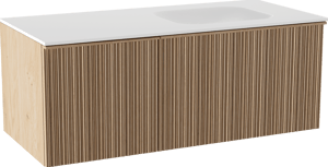 Balmani Forma meuble salle de bains suspendu 120 x 55 cm chêne naturel avec Tablo Arcato plan vasque asymétrique à droite en solid surface blanc mat, Nervure circulaire asymétrique verticale