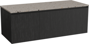 Balmani Fila zwevend badmeubel 135 x 55 cm zwart eiken met Stretto enkel of dubbel wastafelblad in terrazzo greige terrazzo, Verticale symmetrische rechte ribbel