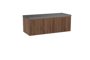 Balmani Fila zwevend badkamermeubel 135 x 55 cm notelaar met Rock asymmetrisch rechtse wastafel in graniet zwart, Verticale symmetrische rechte ribbel