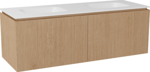 Balmani Eclips hängendes Möbelstück Set: 150 x 55 cm, Eiche Natur, mit Tablo Arcato Doppelwaschtisch Solid Surface Weiβ matt, Vertikale symmetrische gerade Rippe