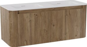 Storke Soft hängendes Möbelstück Set: 120 x 46 cm, Eiche rau, mit Mata Soft Doppelwaschtisch Solid Surface Weiβ matt, Vertikale symmetrische gerade Rippe