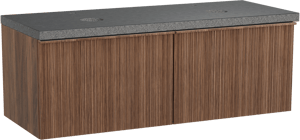 Balmani Forma hängendes Möbelstück Set: 135 x 55 cm, Amerikanischer Nussbaum, mit Rock Doppel Waschtischplatte, Granit, Schwarzes Granit, Vertikale asymmetrische Runde Rippe