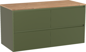 Storke Seda zwevend badmeubel 120 x 52 cm olijfgroen met Panton enkel of dubbel wastafelblad in melamine ruw eiken