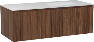 Balmani Idra meuble salle de bains suspendu 135 x 55 cm noyer avec Tablo Oval plan vasque asymétrique à droite en solid surface blanc mat