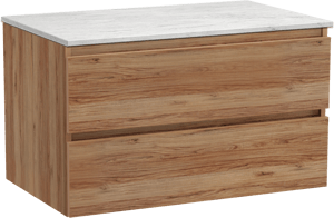 Balmani Lucida hängendes Möbelstück Set: 90 x 55 cm, Teak, mit Stretto Einzel Waschtischplatte, Marmor Carrara