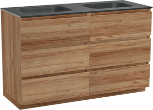 Balmani Lucida freistehendes Möbelstück Set: 135 x 55 cm, Teak, mit Tablo Arcato Doppelwaschtisch, Schwarzes Granit