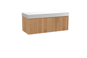 Balmani Idra hängendes Möbelstück Set: 135 x 55 cm, Teak, mit Dominus Einzel- oder Doppel Waschtischplatte, Solid Surface Weiß matt