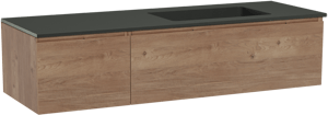 Storke Edge meuble salle de bains suspendu 150 x 52 cm chêne brut avec Scuro plan vasque asymétrique à droite en quartz noir mat
