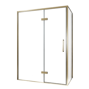 Balmani Senses Design douche en coin avec porte pivotante à gauche et paroi latérale fixe, 140 x 70 cm, Verre transparent, Profil Brushed Champagne Gold, coating inclus