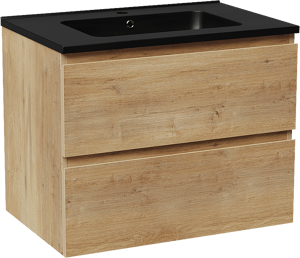 Linie Lado hängendes Möbelstück Set: 70 x 46 cm, Naturbelassene Eiche, mit Vano Einzelwaschtisch, Marmorkomposit Schwarz matt