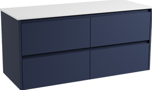 Storke Seda meuble salle de bains suspendu 130 x 52 cm bleu nuit avec Tavola tablette simple ou double en solid surface blanc mat