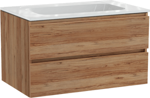 Balmani Lucida hängendes Möbelstück Set: 90 x 55 cm, Teak, mit Tablo Strada Einzelwaschtisch, Marmorkomposit Weiß glänzend