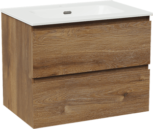 Linie Lado hängendes Möbelstück Set: 70 x 46 cm, Braune Eiche, mit Baro Einzelwaschtisch, Porzellan Weiß glänzend