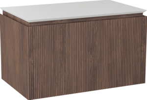 Balmani Eclips zwevend badmeubel 90 x 55 cm Amerikaans notenhout met Eclips enkel wastafelblad in Solid Surface mat wit, Verticale symmetrische rechte ribbel