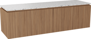 Balmani Eclips hängendes Möbelstück Set: 180 x 55 cm, Teak, mit Stretto Einzel- oder Doppel Waschtischplatte Bianco Nero Terrazzo, Vertikale symmetrische gerade Rippe