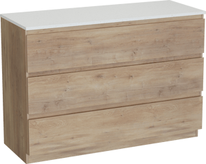 Linie Lado meuble salle de bains à poser 120 x 46 cm chêne naturel avec Lado tablette simple ou double en mélaminé terrazzo blanc