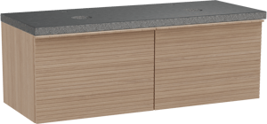 Balmani Forma hängendes Möbelstück Set: 135 x 55 cm, Naturbelassene Eiche, mit Rock Doppel Waschtischplatte, Granit, Schwarzes Granit, Horizontale symmetrische gerade Rippe