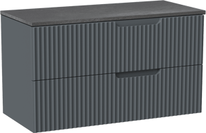 Linie Ribbo zwevend badkamermeubel 100 x 46 cm blauw antraciet met Lado enkel of dubbel tablet in melamine leisteen grijs, Verticale symmetrische ronde ribbel