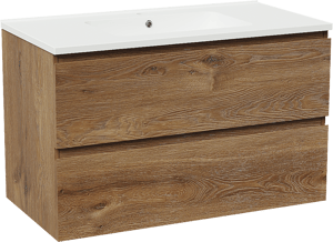 Linie Lado hängendes Möbelstück Set: 90 x 46 cm, Braune Eiche, mit Vano Einzelwaschtisch, Marmorkomposit Weiß matt