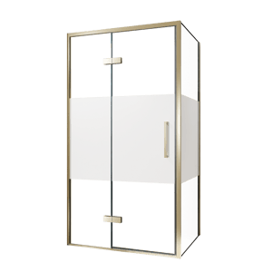 Balmani Senses Design Eckdusche: Drehtür (Links) mit fixierte Seitenwand, 100 x 100 cm, Klarglas mit mattiertem Streifen, Profil Brushed Champagner Gold, inklusive Coating