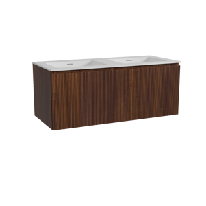 Storke Ribs hängendes Möbelstück Set: 120 x 52 cm, Nussbaum, mit Mata Doppelwaschtisch, Solid Surface, Weiß matt, Vertikale symmetrische gerade Rippe