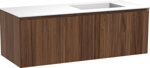 Balmani Idra zwevend badkamermeubel 135 x 55 cm notelaar met Tablo Stretto asymmetrisch rechtse wastafel in solid surface mat wit