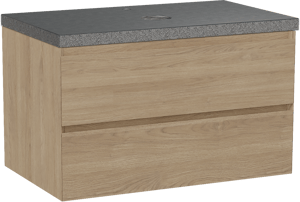 Balmani Mitra zwevend badkamermeubel 90 x 55 cm natuur eik met Rock enkel tablet in graniet zwart