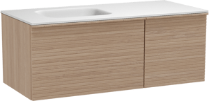 Balmani Forma meuble salle de bains suspendu 120 x 55 cm chêne naturel avec Tablo Arcato vasque asymétrique gauche en solid surface blanc mat, Nervure droite symétrique horizontale