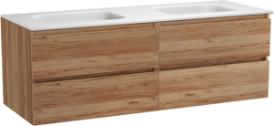 Balmani Lucida hängendes Möbelstück Set: 150 x 55 cm, Teak, mit Tablo Arcato Doppelwaschtisch, Solid Surface Weiß matt