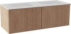 Balmani Forma zwevend badkamermeubel 135 x 55 cm natuur eik met Tablo Arcato dubbele wastafel in solid surface mat wit, Verticale symmetrische rechte ribbel