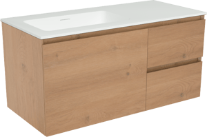 Storke Edge zwevend badmeubel 100 x 46 cm ruw eiken met Mata asymmetrisch linkse wastafel in solid surface mat wit