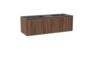 Balmani Fila hängendes Möbelstück Set: 150 x 55 cm, Nussbaum, mit Tablo Arcato Doppelwaschtisch, Granit, Schwarzes Granit, Vertikale symmetrische gerade Rippe