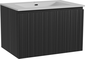 Storke Ribs zwevend badkamermeubel 75 x 52 cm zwarte eik met Diva enkele wastafel in composietmarmer glanzend wit, Verticale asymmetrische rechte ribbel