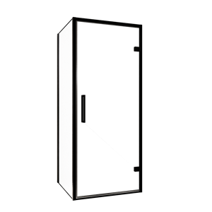 Balmani Senses Design douchehoek met rechtse draaideur en vaste zijwand, 90 x 90 cm, Helder glas, Zwarte profielen, met coating