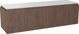 Balmani Eclips zwevend badmeubel 180 x 55 cm Amerikaans notenhout met Eclips enkele of dubbel wastafelblad in Solid Surface mat wit, Verticale symmetrische rechte ribbel