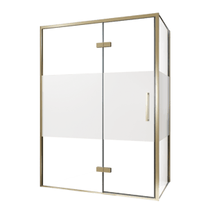 Balmani Senses Design Eckdusche: Drehtür (Links) mit fixierte Seitenwand, 140 x 80 cm, Klarglas mit mattiertem Streifen, Profil Brushed Champagner Gold, inklusive Coating