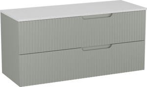 Linie Ribbo meuble salle de bains suspendu 120 x 46 cm greige avec Lado tablette simple ou double en mélaminé terrazzo blanc, Nervure circulaire symétrique verticale