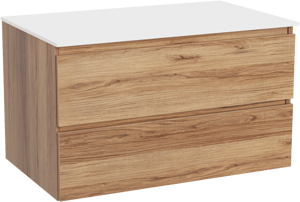 Balmani Lucida zwevend badkamermeubel 90 x 55 cm teak met Stretto enkel tablet in solid surface mat wit