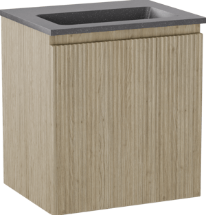 Storke Ribs hängendes Möbelstück Set: 45 x 35 cm, Raue Eiche, mit Scuro Einzelwaschtisch, Quarz Schwarz matt