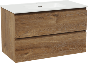 Linie Lado hängendes Möbelstück Set: 90 x 46 cm, Braune Eiche, mit Baro Einzelwaschtisch, Porzellan Weiß glänzend