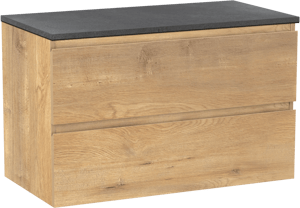 Linie Lado zwevend badkamermeubel 90 x 46 cm natuur eik met Lado enkel tablet in melamine leisteen grijs