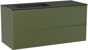 Storke Seda zwevend badmeubel 130 x 52 cm olijfgroen met Scuro asymmetrisch linkse wastafel in kwarts mat zwart