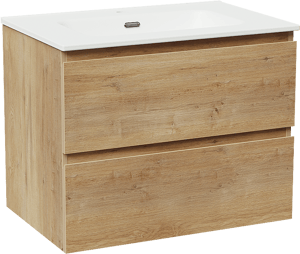 Linie Lado hängendes Möbelstück Set: 70 x 46 cm, Naturbelassene Eiche, mit Baro Einzelwaschtisch, Porzellan Weiß matt